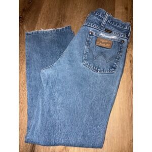 Vintage Wrangler Jeans Mens Blue Denim Distressed Raw Hem Size 35 HEMMED‎